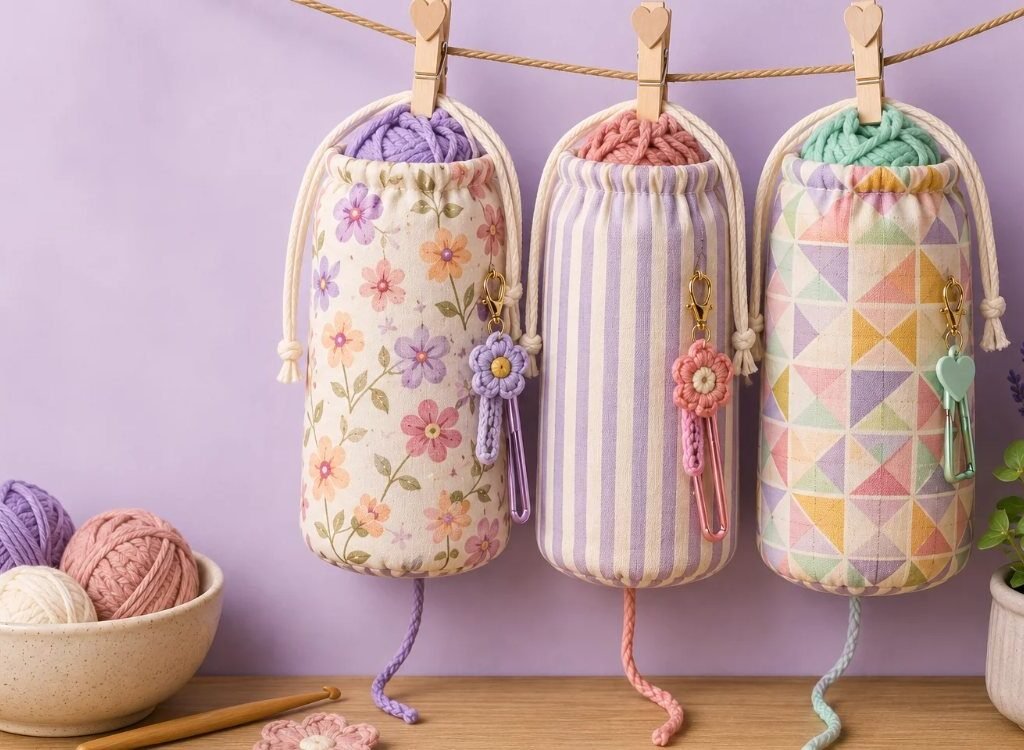 Tharvi handmade crochet bottle bags and yarn