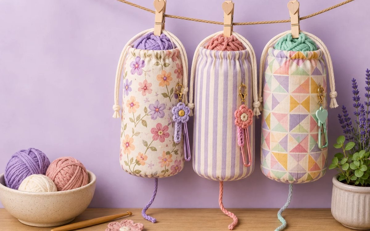 Tharvi handmade crochet bottle bags and yarn